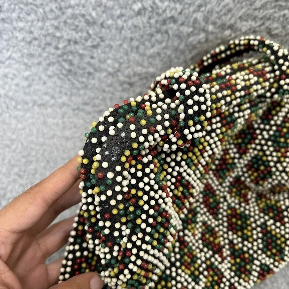 Vintage Purse Black Multicolored Beaded Cloth Clutch Handbag Hong Kong Fun Color